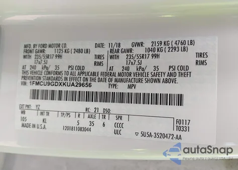 2019 Ford Escape Se from USA, damaged, VIN 1FMCU9GDXKUA29656